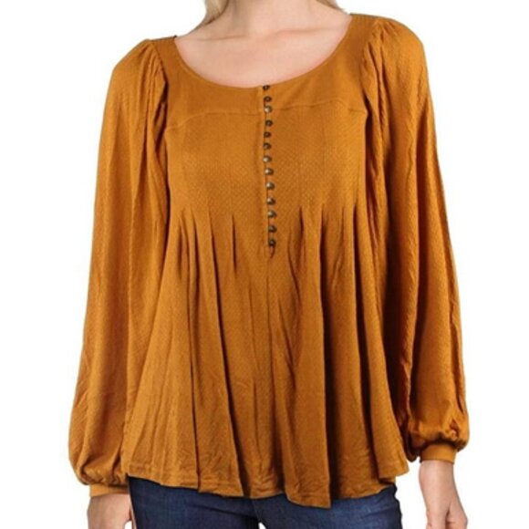 Free People Devin Knit Bishop Sleeve Yellow Scoop Neck Top XS Extra Small - Picture 1 of 13